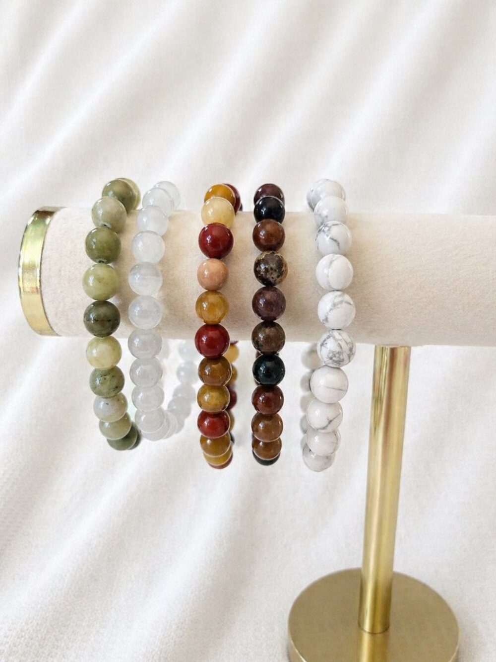 Set of 5 Gemstone Bracelets: White Cat's Eye Chinese Jade Plus More